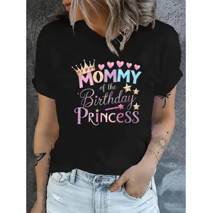Vibrant Graphic Mommy of the Birthday Princess T-Shirt | Women's Short Sleeve Crew Neck Casual Top with Crown & Hearts Print, Medium Stretch Machine-Washable Tee for Summer & Spring