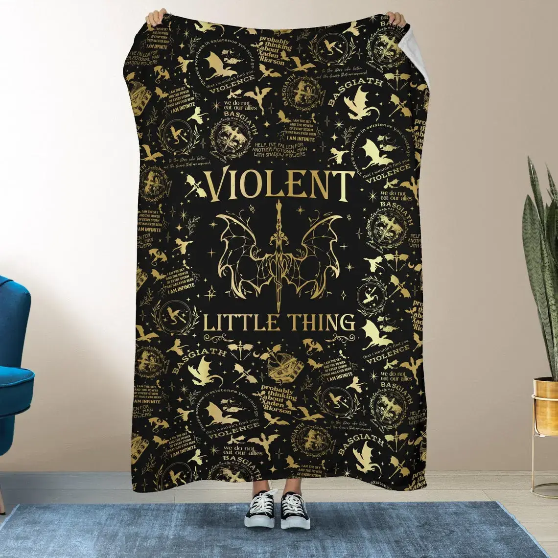 Fourth Wing "Violent Little Thing" Basgiath Dragon Print Flannel Cooling Blanket, Soft Cozy Fantasy Character Book-Themed Dragon Mythical Creatures Blanket, Homegoods for Bedroom, Perfect Gift for Romantasy Book Lovers, Fantasy Character Blankets, Book-Th