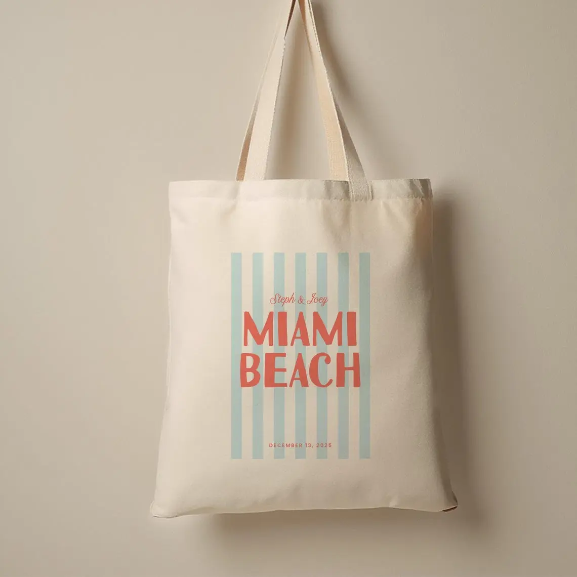 Personalized Miami Beach Tote Bag, Custom Name Beach Canvas Tote, Coastal Vacation Reusable Shopping Bag, Summer Bachelorette Travel Tote