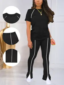 Women's Summer Casual Striped Short-Sleeve Top and Long Pants Set