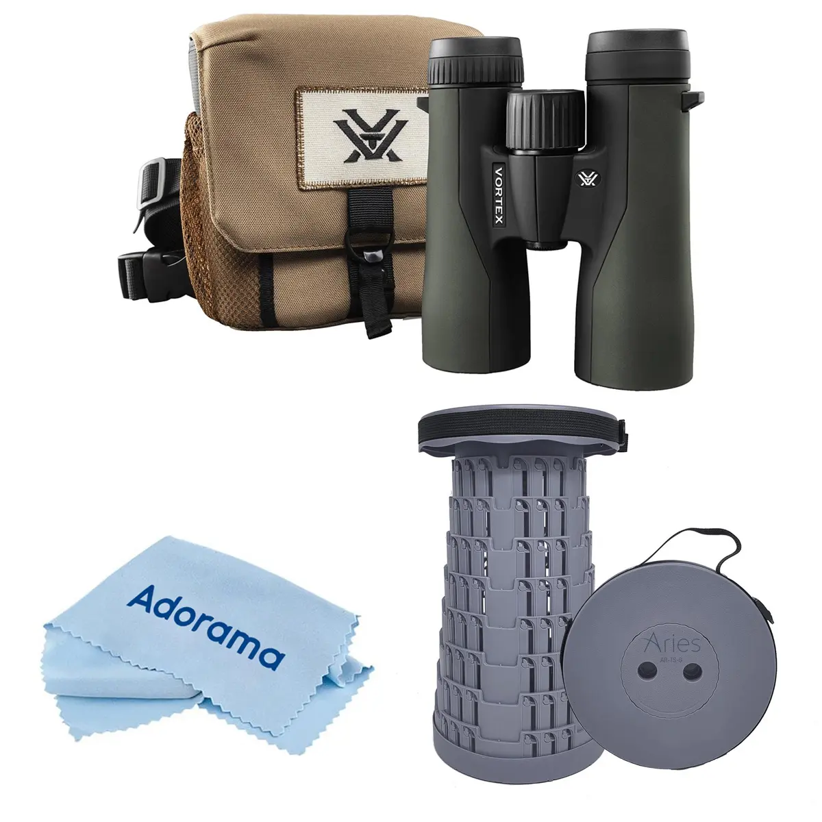 Vortex Optics 10x42 Crossfire HD Roof Prism Binocular with Compact HD Glass, 6.2 Degree Angle of View, Unisex Hunting & Outdoor Sports Bundle (Portable Telescoping Stool/Chair, Cleaning Cloth)
