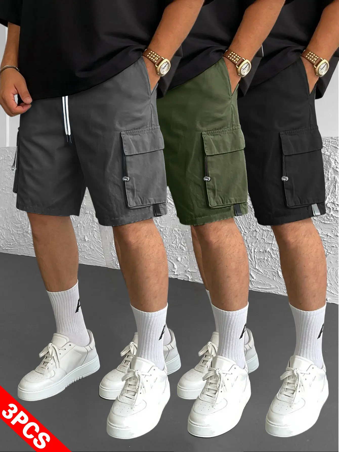 3-Pack Men’s Lightweight Cargo Shorts, 7/8 Length, Drawstring Waistband, Large Pockets, Drawstring Bag Covers, Fashionable Casual Athletic Style, Suitable for Everyday Wear and Outdoor Activities Workwear