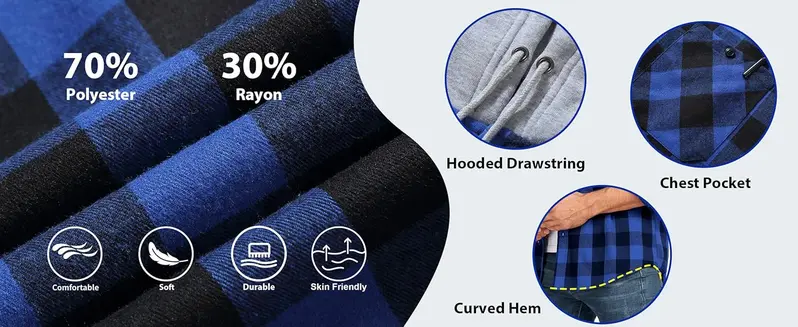 ZITY Men's Checkered Flannel Button-Front Hooded Jacket - Male Clothing, Fitted Regular-Fit Long-Sleeve Top with Drawstring Hood, Buttons, Pockets for Spring & Fall ZITY Men's Checkered Flannel Button-Front Hooded Jacket - Male Clothing, Fitted Regular-Fit Long-Sleeve Top with Drawstring Hood, Buttons, Pockets for Spring & Fall