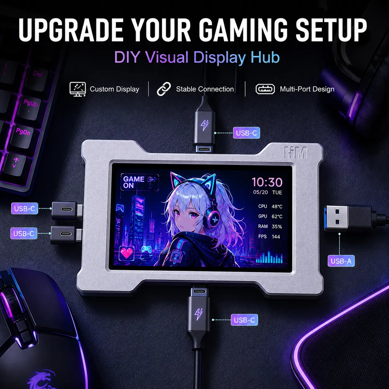 USB C Hub for PC, Multi Port USB Hub with Custom LCD Display, USB A & Type C Splitter for Keyboard Mouse Headset, Gaming Desk Accessories