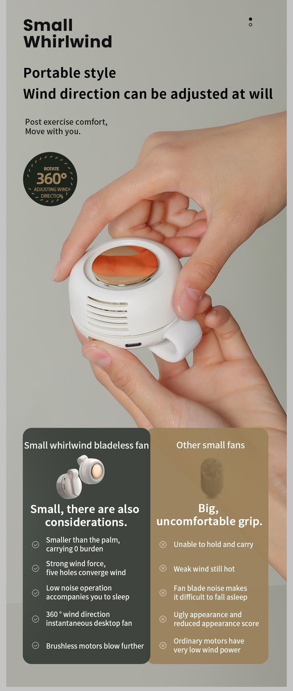 Convenient Summer Essential Mini Bladeless Fan One-Handed Operation 3-Speed Mode Adjustable Silent Clip-On Rechargeable for Outdoor Office Travel Mother's Day Gift