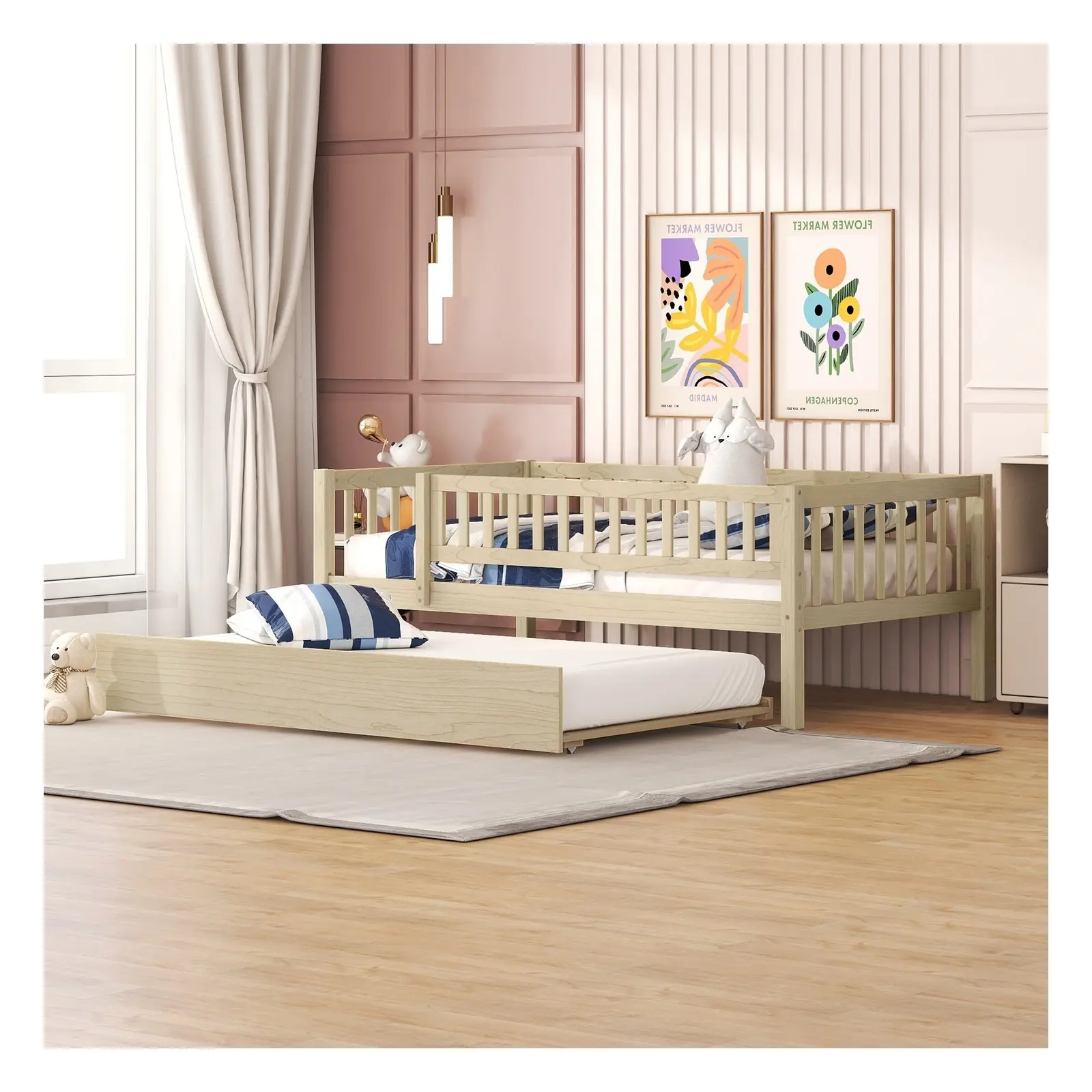 Twin/Full Size Wood Daybed Frame with Trundle and Guardrails, Natural/White/Walnut/Gray