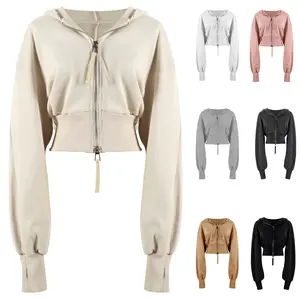 Cropped Hoodie Women Zip Up Long Sleeve Sweatshirts Casual Fashion Hooded Workout Jacket Crop Top