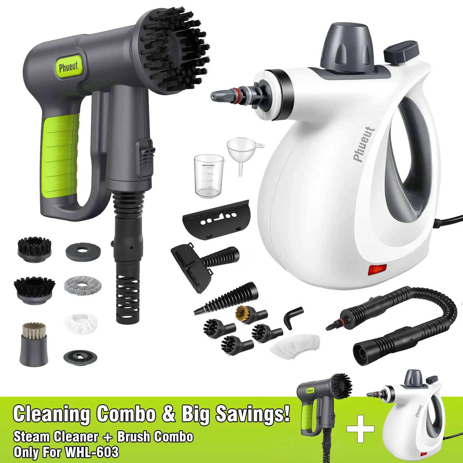 Phueut 10-in-1 Rechargeable Electric Spin Scrubber Cleaning Set, WHL-603 Handheld Grill Brush & Powerful Tool with 2X Higher Efficiency, Steam Function, 2500mAh Long Runtime, 9 Brush Heads, Handheld Cleaning Brush,summerwins tiktokshopbacktoschool