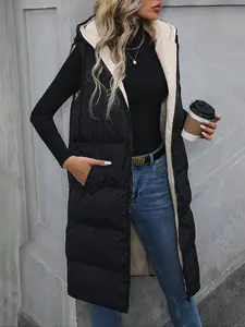 Zipper Sleeveless Hooded Long Padded Vest Jacket RCJW03688 Women's Fall Fashion Top with Chest 48.82 Length 41.34 Shoulder 17.52