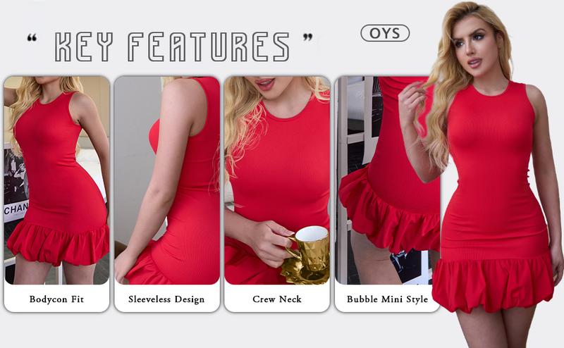 OYS Women's Summer Basic Sleeveless Crew Neck Bodycon Bubble Mini Tank Dress