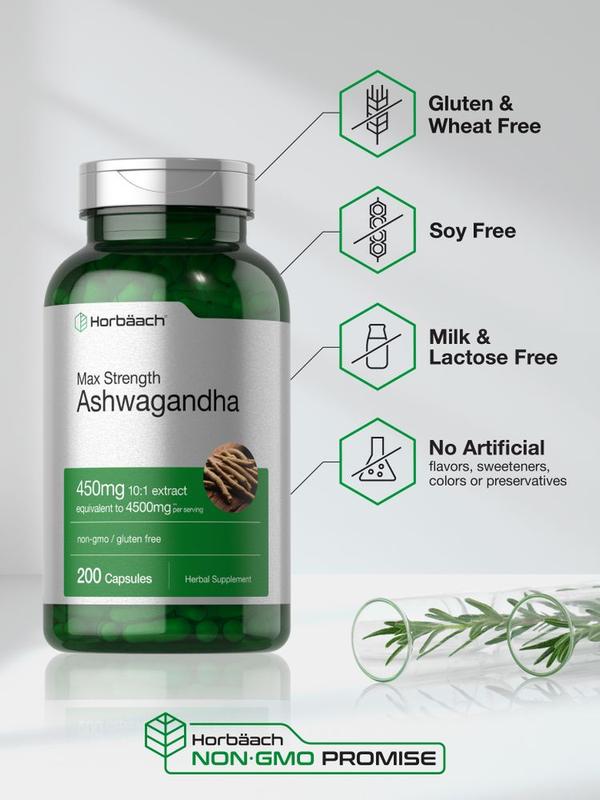 Horbäach Ashwagandha Supplement | Max Strength |  200 Capsules | For Women and Men | Non-GMO, Gluten Free