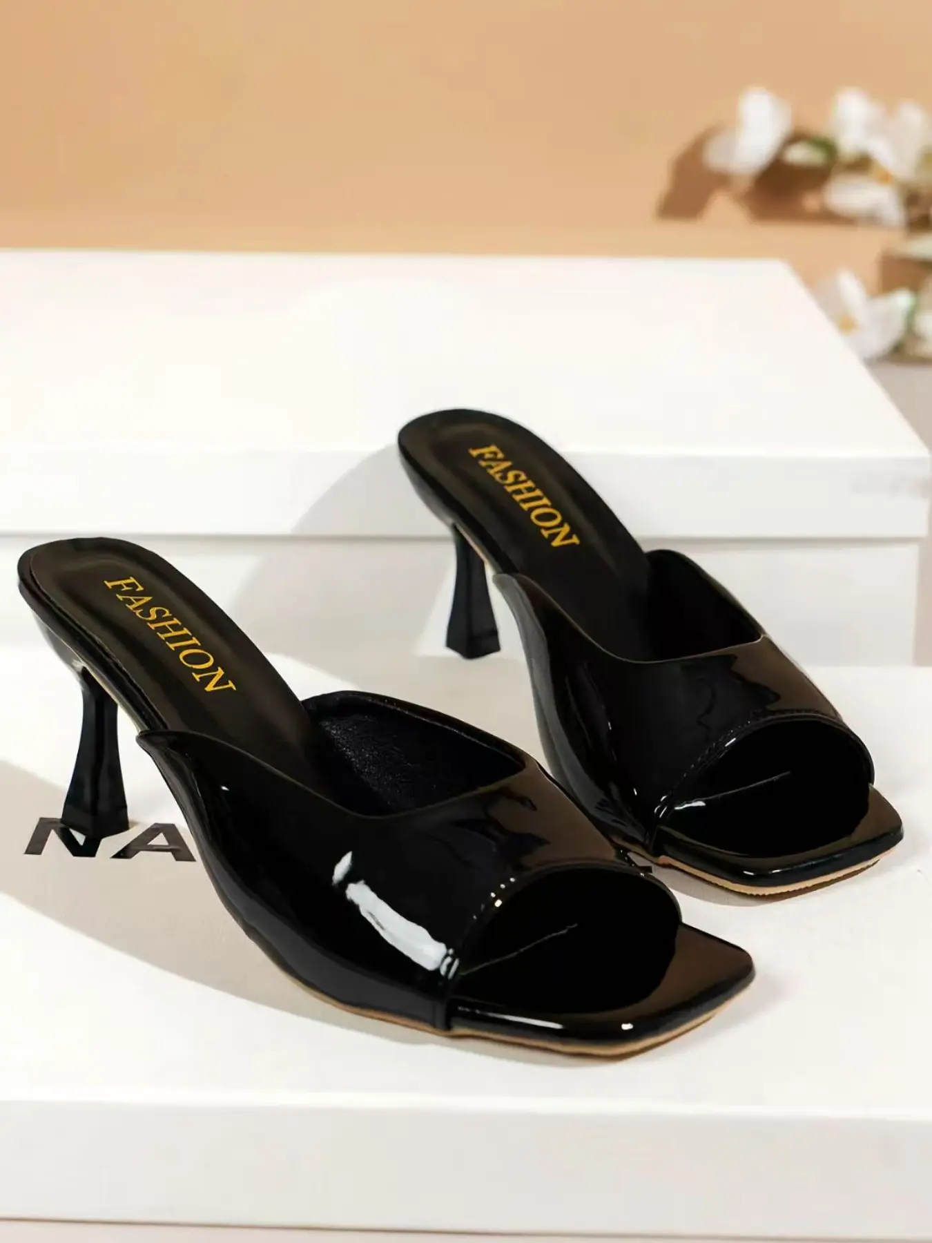 Women's Open Toe Kitten Heel Mule Sandals, Patent Leather Slip on Heeled Slides, Elegant Summer Party Footwear for Ladies, Date Night Footwear, Elegant Party Shoes, Classy Sandal, Dressy Sandals