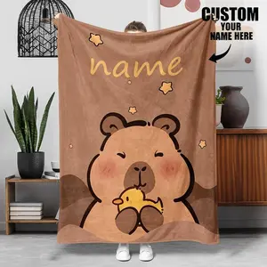 Customizable Capybara Flannel Blanket - Premium Flannel Material Personalized Name Option Soft Cozy Oversized Throw for Boys Girls Home Travel Camping Playful Plush Design Mother's Day Valentine's Day Birthday Christmas Gift