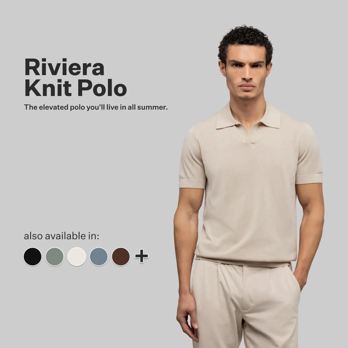 Cuts | Riviera Knit Collection | Men's Cotton Blend Knit Polo Shirt | Breathable Lightweight V-Neck with Ribbed Hem - Sand Dune / Black / Pacific / Isle Blue / Urban Chic / Nimbus / Capers