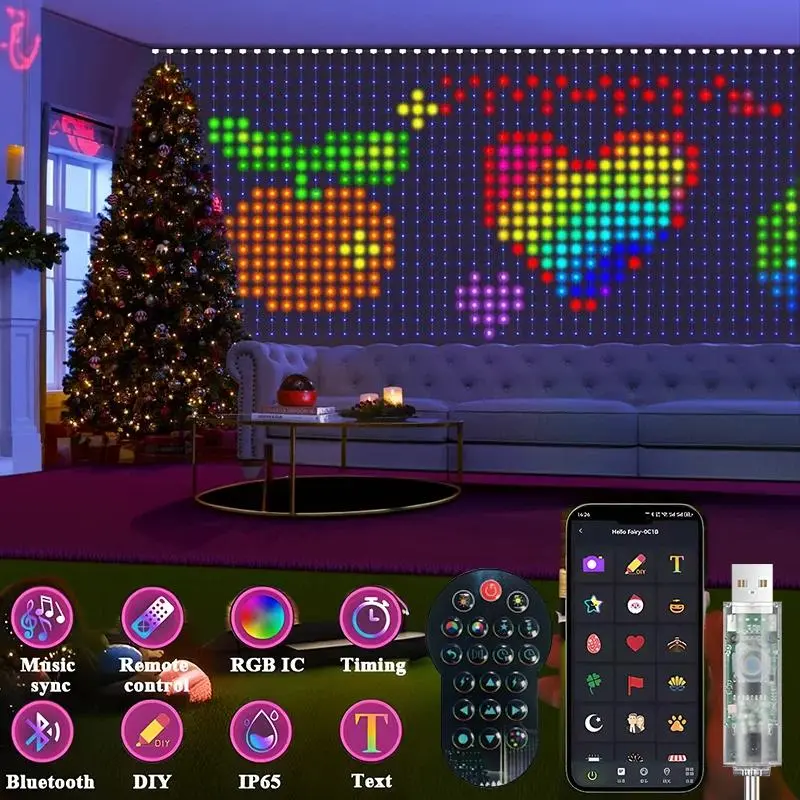 IP65 Waterproof LED Intelligent Curtain Fairy Lights - APP-Controlled RGB Graffiti DIY Text/Pattern, Color Changing Musical LED Lights with Dimming, Eye-Friendly Energy-Efficient Features for Indoor Lighting, Romance & Halloween Decoration