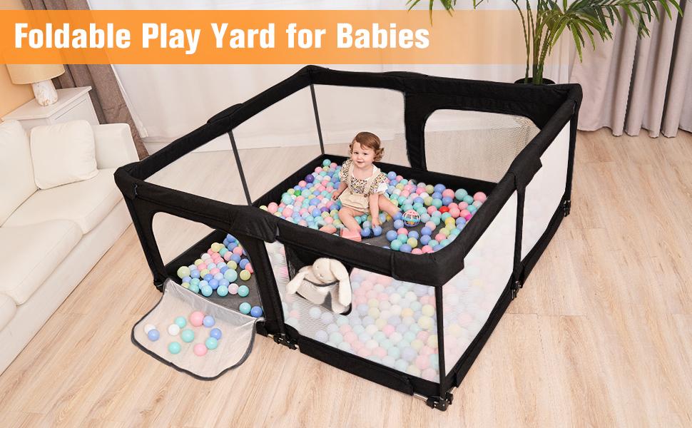 Foldable Baby Playpen,Collapsible Playpen for Babies and Toddlers, Extra Large Foldable Playpen for Baby with gate, Baby Activity Center with Fence, Travel Play Pen (Black/grey51"×51")