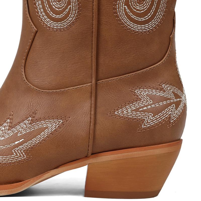 Western Thigh Knee High Cowboy Boots Wide Calf Adjustable Straps Pointed Toe Tall Cowgirl Botas with Zip Retro Embroidered Block Heel