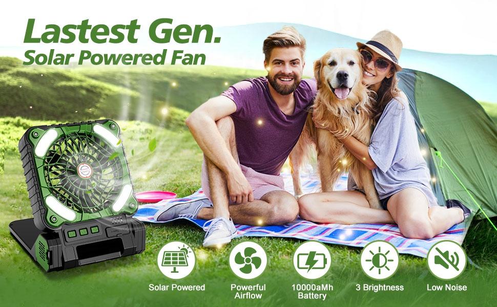 10000mAh Solar Powered Camping Fan with LED Lantern, 4 Speeds Powerful Wind Rechargeable Battery Operated Portable Fan, 90° Folding Desk Fan with Timer Power Bank for Outdoor Travel Tent Personal Fan