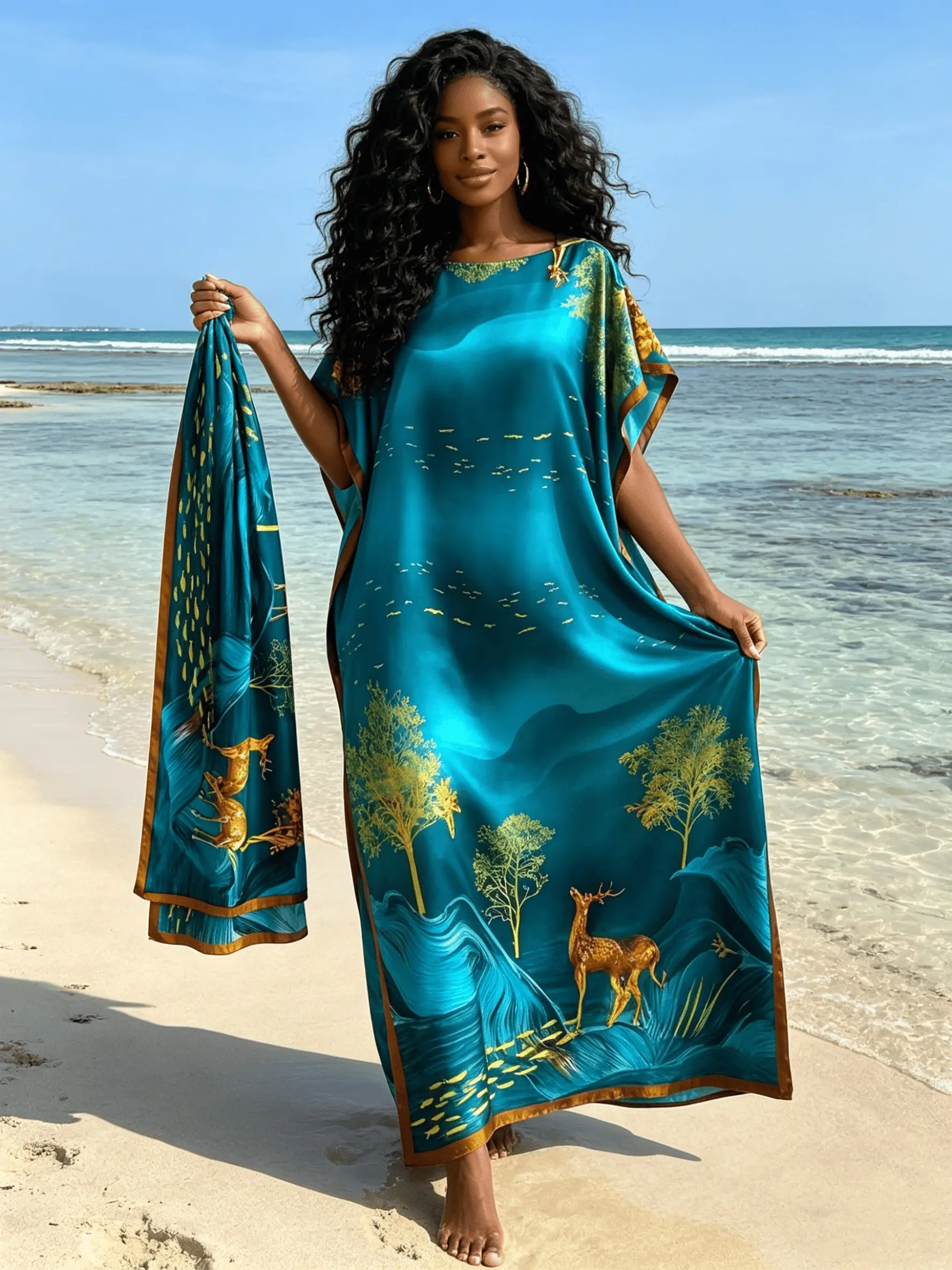 Two-Piece Blue Kaftan Dress for Women, Floral Pattern, Muslim Abaya with Scarf, Batwing Sleeve, Modest Beach Cover Up, Dubai Style