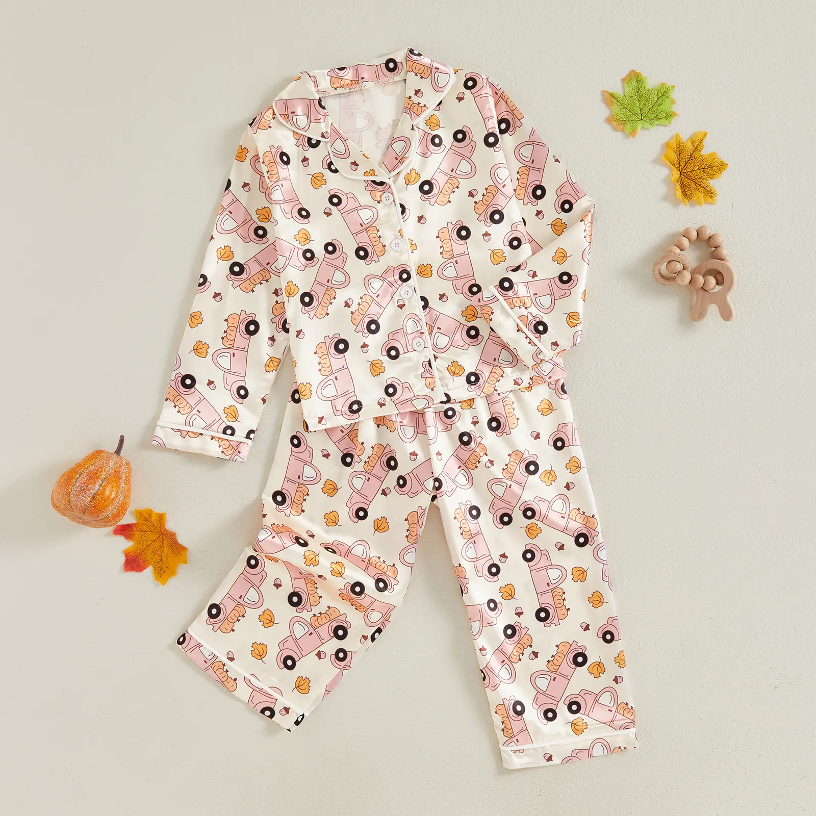 Toddler 2-Piece Cute Pajama Sets, Long Sleeve Lapel Top & Pants Satin Sleepwear with Tractor/Dino Graphic (Dino Shape Pyjama Set for Boys & Girls)