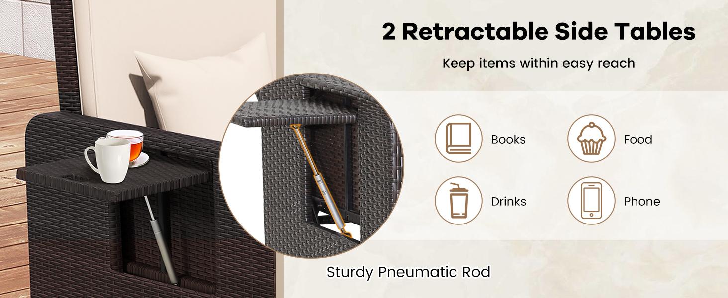 COSTWAY Wicker Patio Outdoor Daybed, Outdoor Chaise Lounger w/ 4-Level Adjustable Backrest, Retractable Side Trays, Storage Ottoman, Comfortable & Removable Cushions, Rattan Loveseat- COSTST