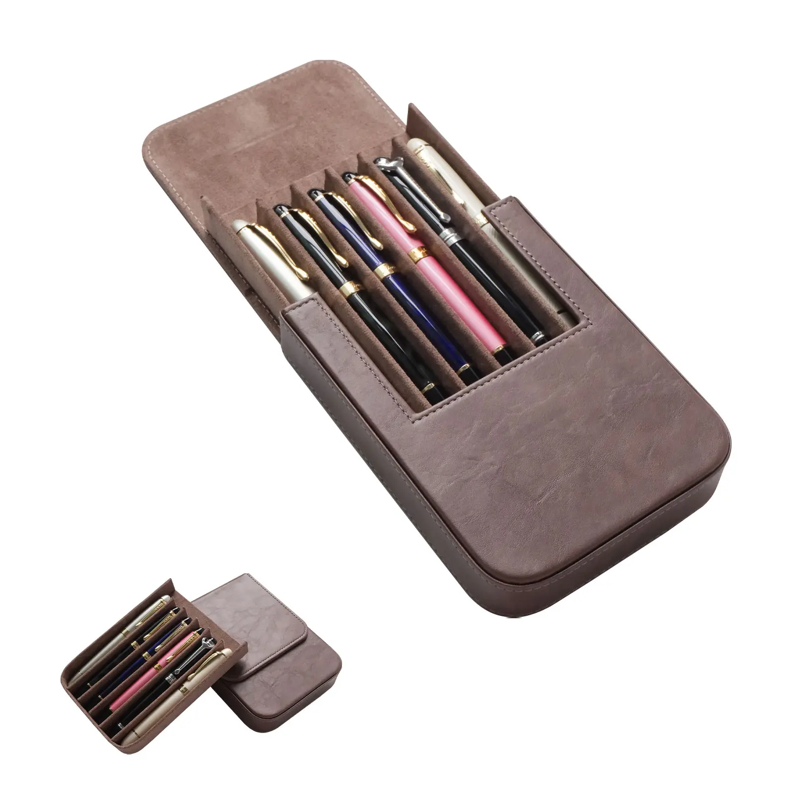 MIVLXLX Vintage Premium Handmade Faux Leather 6-Slot Fountain Pen Case Tray Organizer Gift Box - Office Supplies with Magnetic Close, Drawer Design, Ideal Gift for Office Professionals