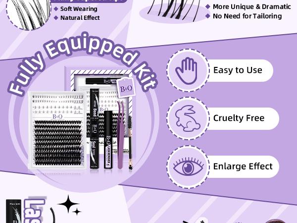 B&Q Love Letter Kit l Manga Lash & Invisible Band Bottom Spiky Volume Lash Clusters,Bond & Seal,Remover,DIY Eyelash Extensions Wet Look Anime Lash Makeup Cosmetic