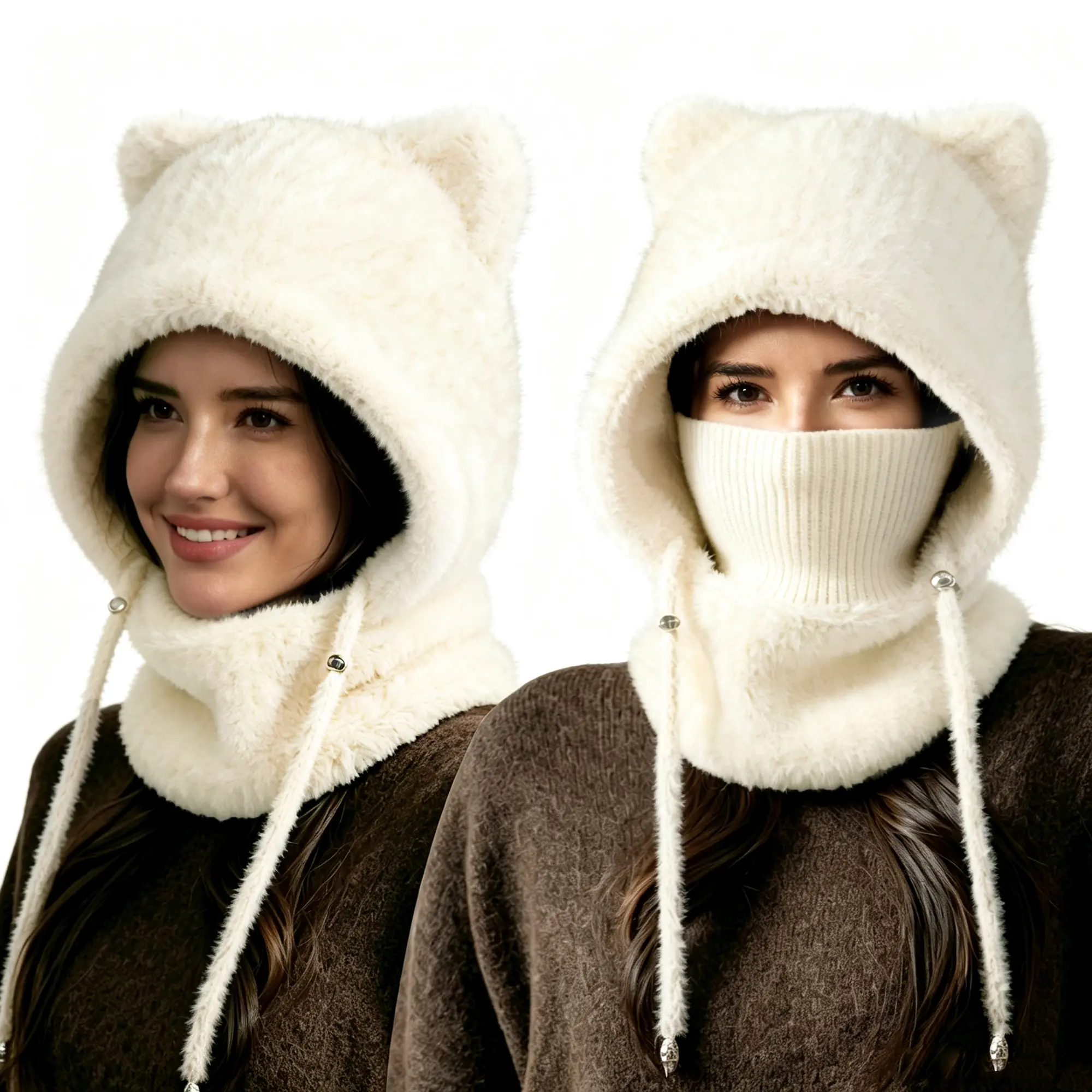 SeSe Code Women Integrated Hood Scarf,  Cute Cat Ear Balaclava Hat Windproof Plush Neck Warmer with Face Cover