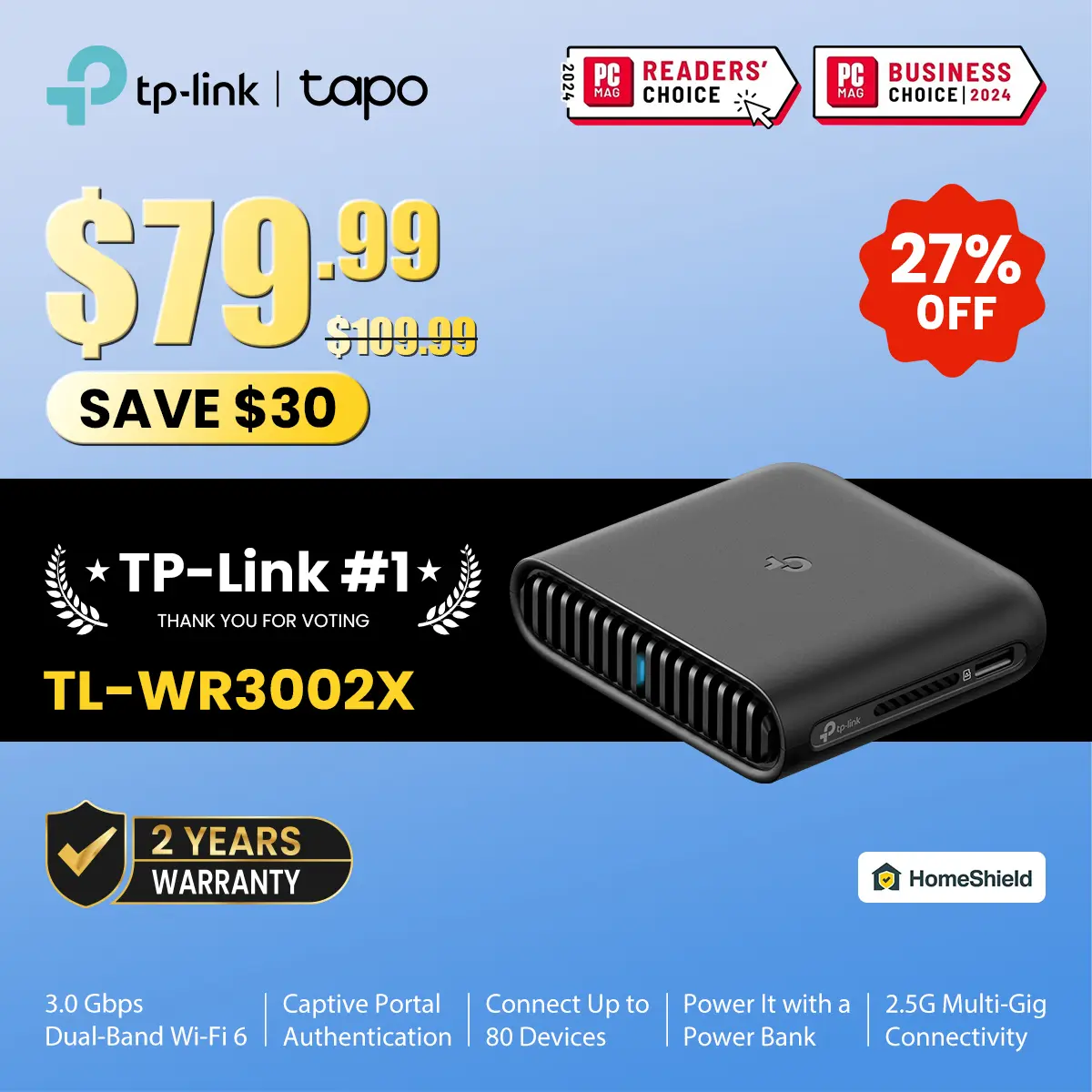 TP-Link Dual-Band Wi-Fi 6 AX3000 Travel Gaming Router (TL-WR3002X) - Portable, High Speed WiFi (2402 Mbps), 2.5G Multi-Gig Connectivity, 1x 2.5 Gbps WAN Port, 1x Gigabit LAN Port, Multi-Modes (Modem, Network Adapter, Repeater Extender), Ax3000 Wifi, Power