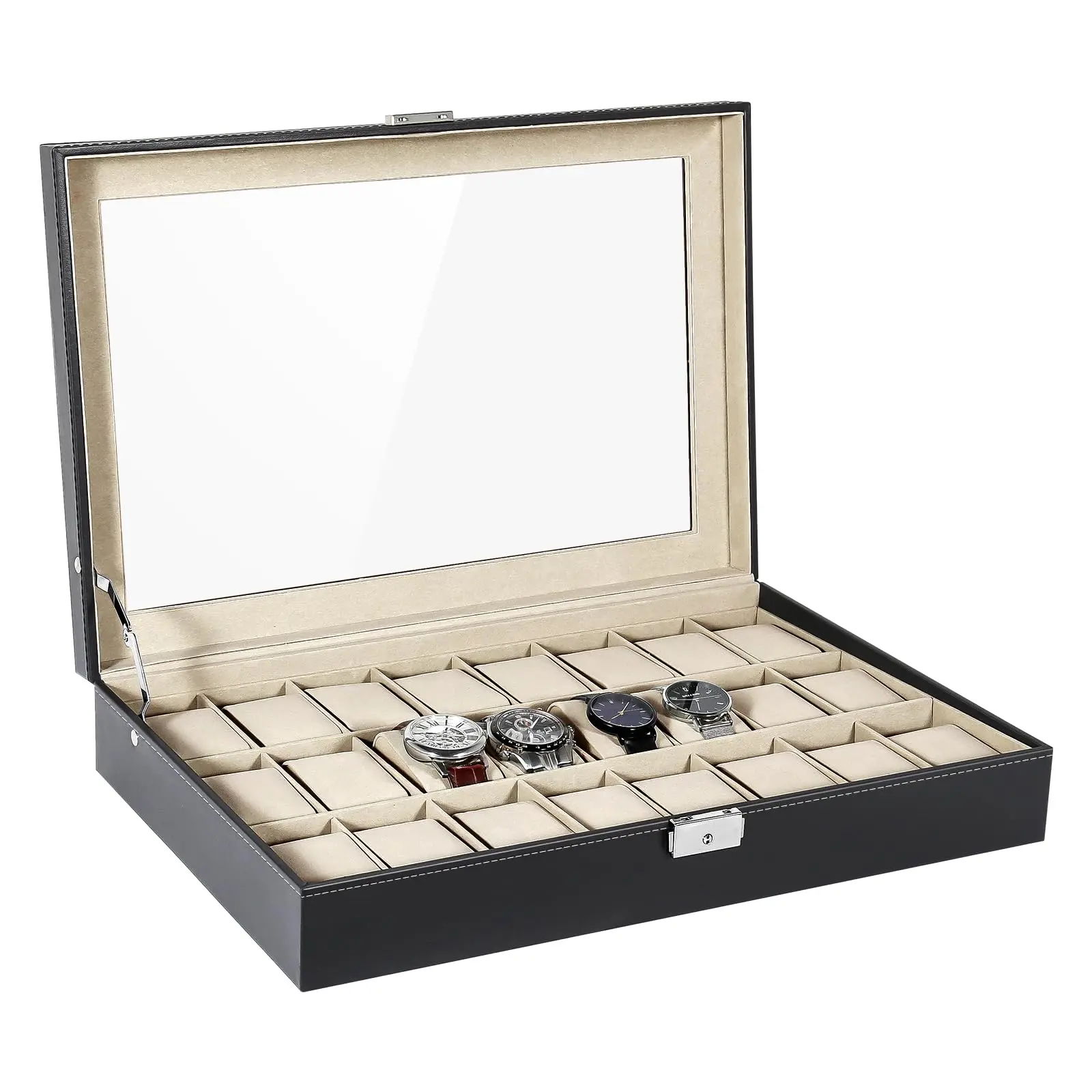 24-Slot PU Leather Watch Box - Fashionable Watch Accessories, Wristwatch Storage with Glass Top, Removable Pillows, Sturdy Holder, Ideal for Christmas, Birthday, Graduation Gift Ideas