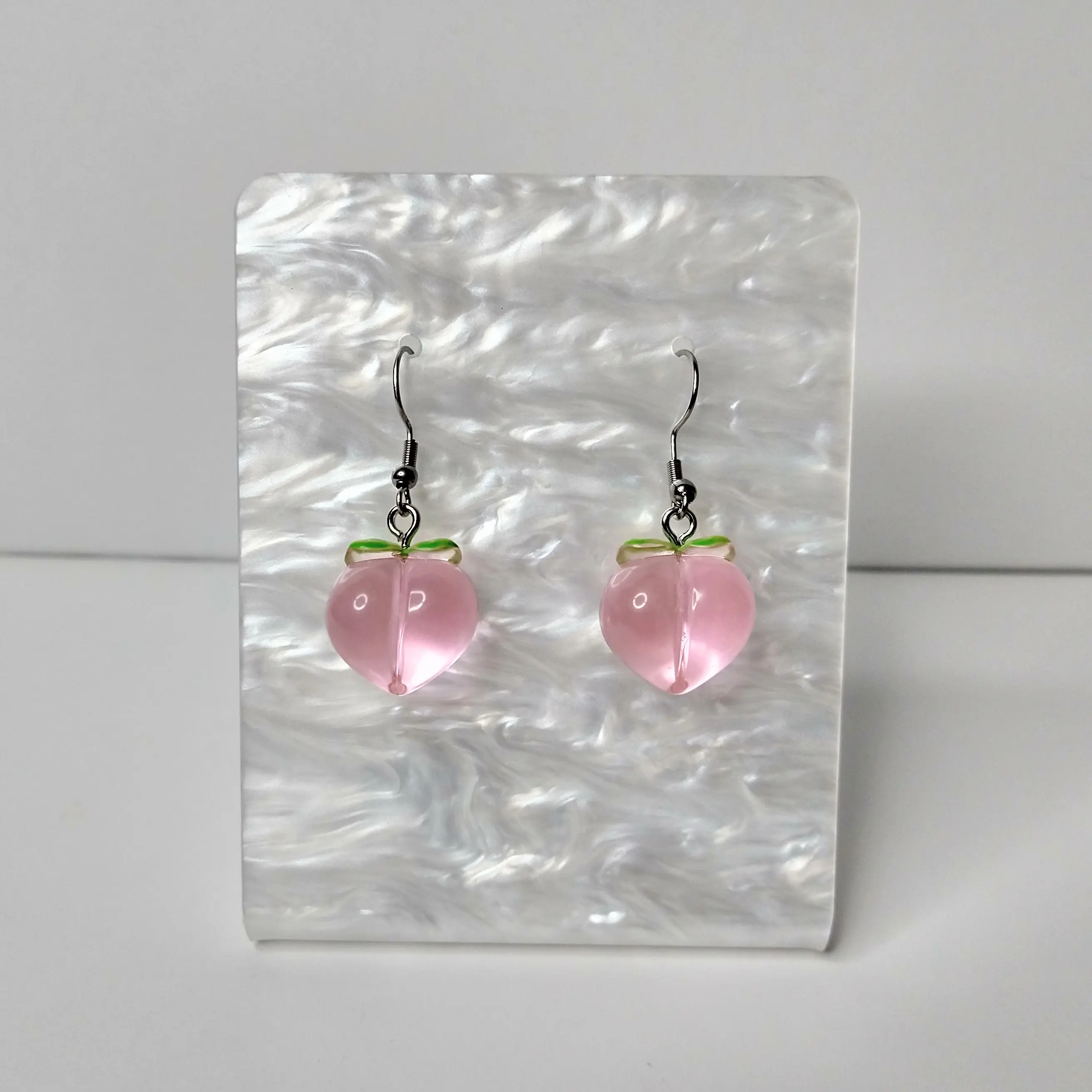 #463 Pink Translucent Peaches with Green Leaves Earrings, Casual Summer Fruit Food Jewelry