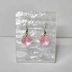 #463 Pink Translucent Peaches with Green Leaves Earrings, Casual Summer Fruit Food Jewelry
