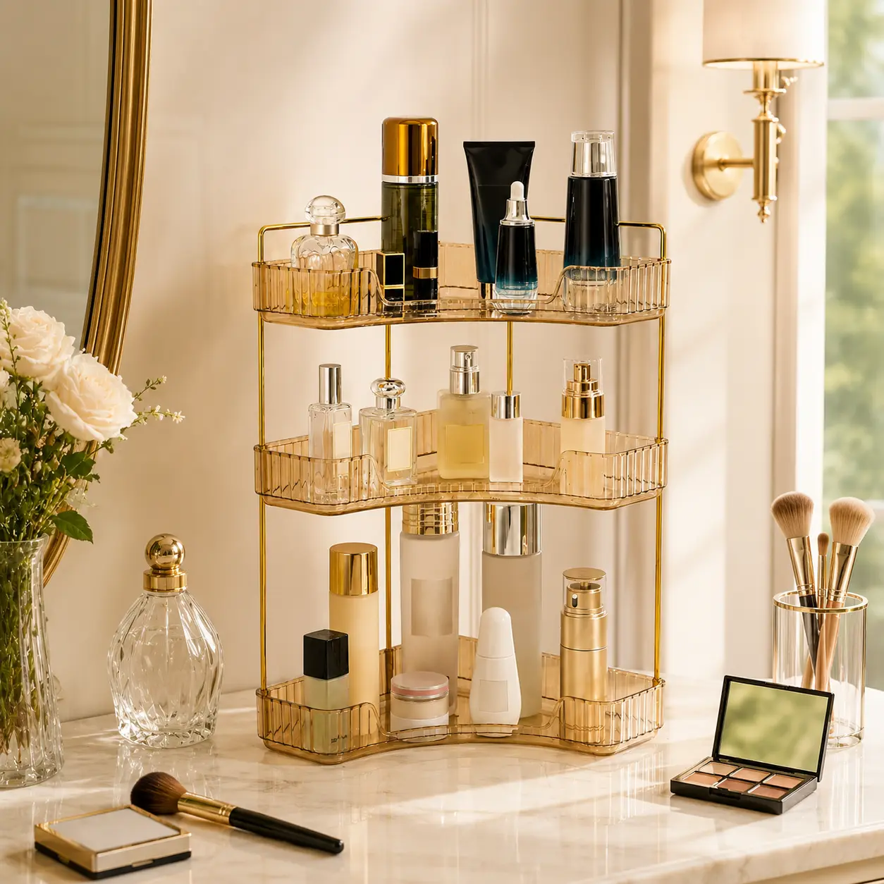 2 Tier Clear & 3 Tier Gold Corner Makeup Organizer, Acrylic Vanity Shelf for Skincare, Cosmetics, Perfume and Beauty Supplies, Space Saving Countertop Storage Rack for Small Bathroom, Bedroom, College Dorm, Apartment Vanity Setup, Christmas Gift for Her