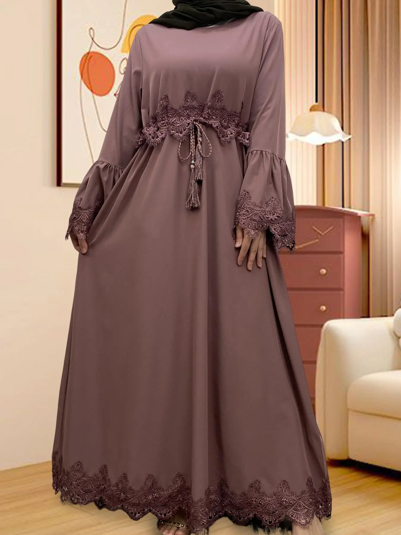 Women's Plain Lace Trim Belted Soft Lounge Dress, Casual Comfy Long Sleeve V Neck Dress for Daily Wear, Ladies Sleepwear for All Seasons Loungewear Homewear Womenswear