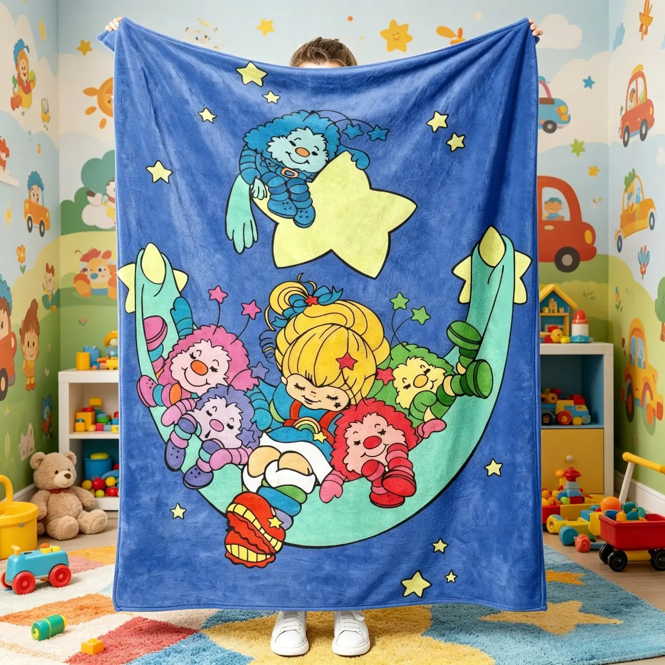 Rainbow Brite Moon & Stars Flannel Blanket Soft Cozy Fleece Throw Blanket, Cute Nostalgic Cartoon Night Sky Lightweight Blanket for Bed Couch Sofa, Retro 80s Aesthetic Room Decor, Nostalgia Gift for Fans, Christmas Birthday Holiday Gift
