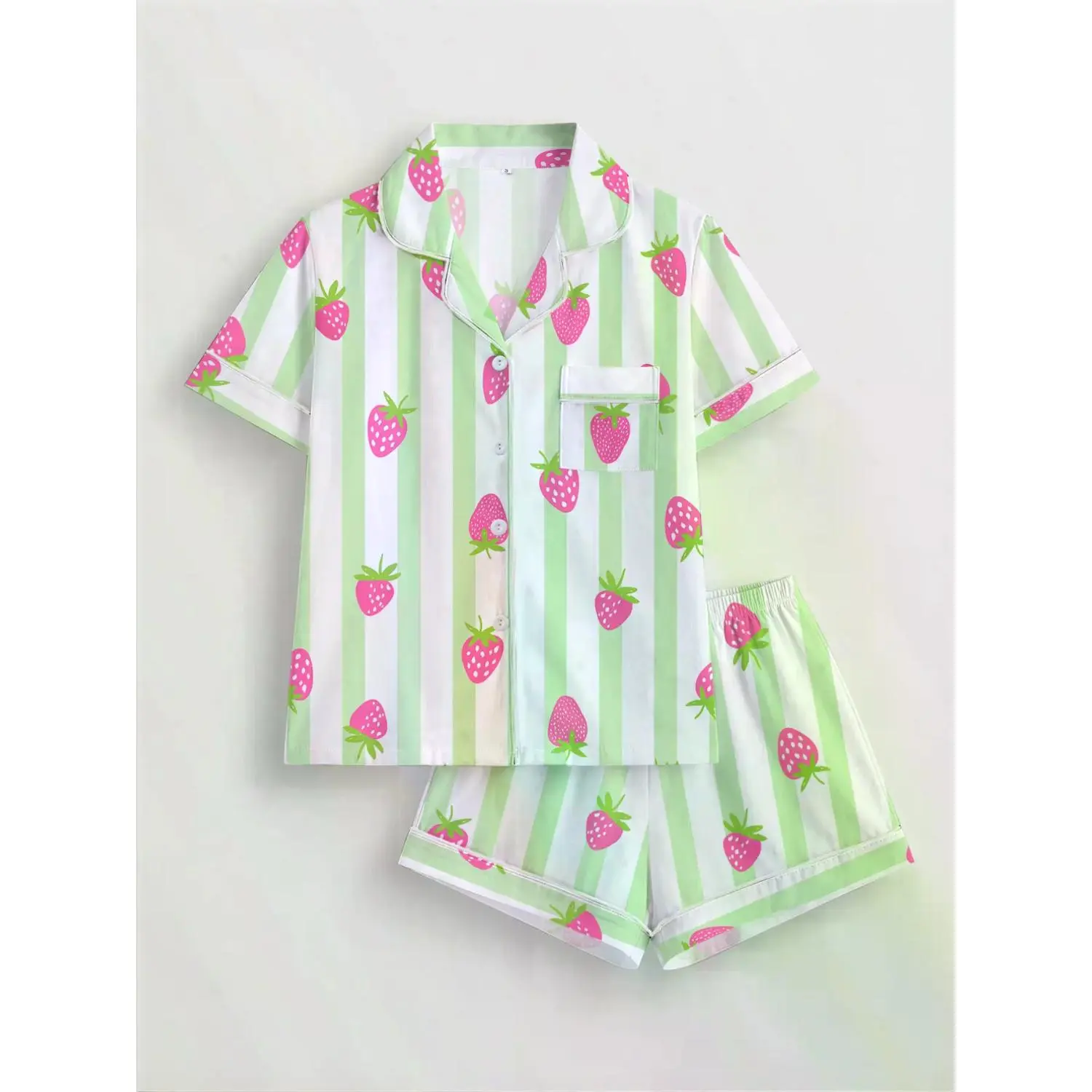Women's 2-Piece Strawberry Striped Matching Pajama Set - Collared Short-Sleeve Button-Up Shirt, Easy Movement Pj Pants, Cozy All-Season Home Loungewear Pajamas, Ideal for Sleep & Relaxation