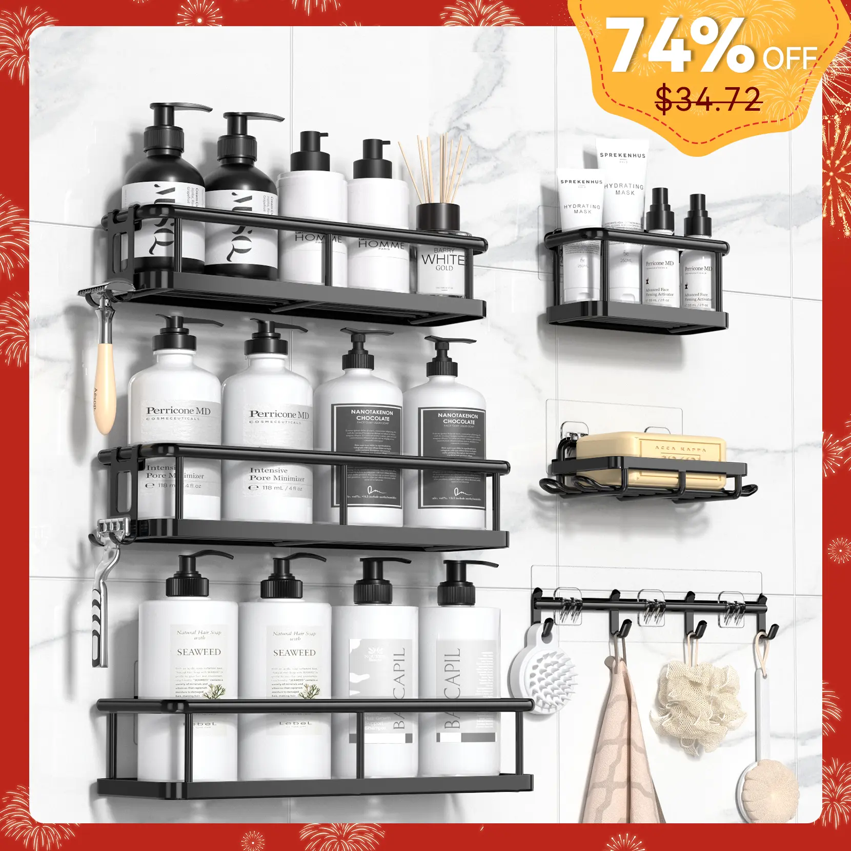 YASONIC 2/5/6 Pack Shower Caddy Shelf Bathroom Organizer Rack No Drilling Multifunctional Self Adhesive Black Shelves Basket for Shampoo Soap Space-Saving Durable Rust-Resistant summerwins,home essentials