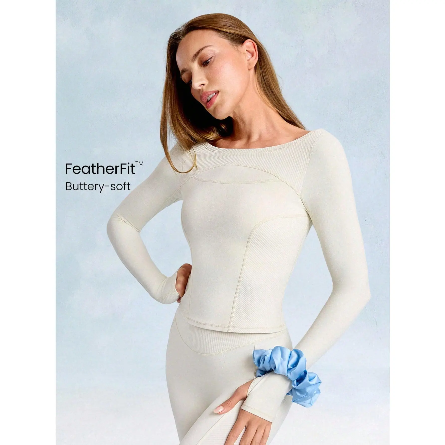 GLOWMODE FeatherFit Momentum Buttery-Soft Stretchy Dividing Seam Waist Length Long Sleeve Tee Top With Thumbholes Low Impact Yoga Studio Daily Casual Wear