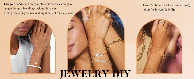 ORAZIO Gold Hand Chain Bracelet for Women Trendy, Dainty 14K Gold Ring Bracelet Hand Chain Finger Ring Stackable Link Bracelets Hand Jewelry Chains for Women Adjustable Waterproof