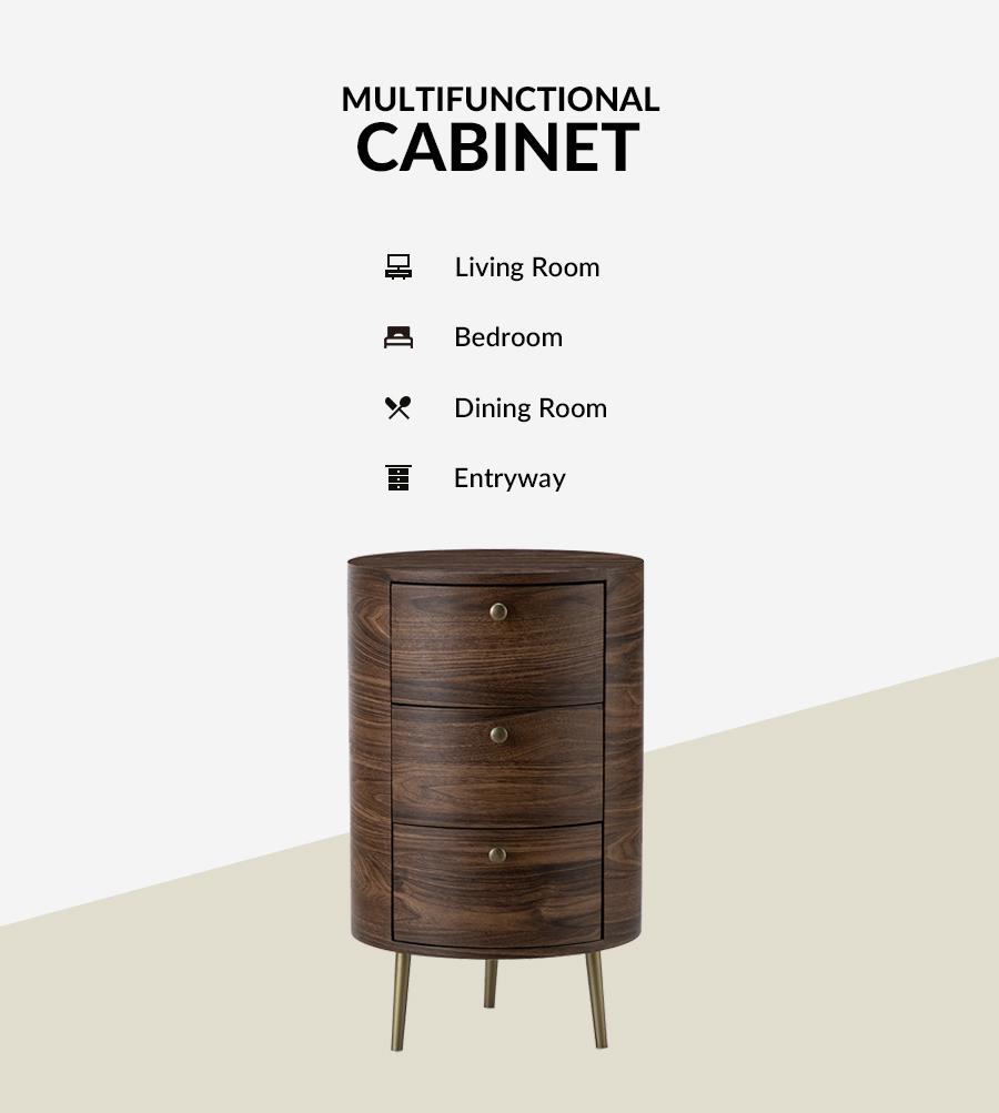 Hulala Etta 26'' Tall Drum 3 Drawer End Table, Solid and Manufactured Wood, with Square Drawers and Storage Cabinet, Metal Legs