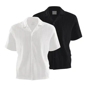 New Men’s Black & White Basic Ribbed Short-Sleeve Shirt — Casual Commuter Shirt