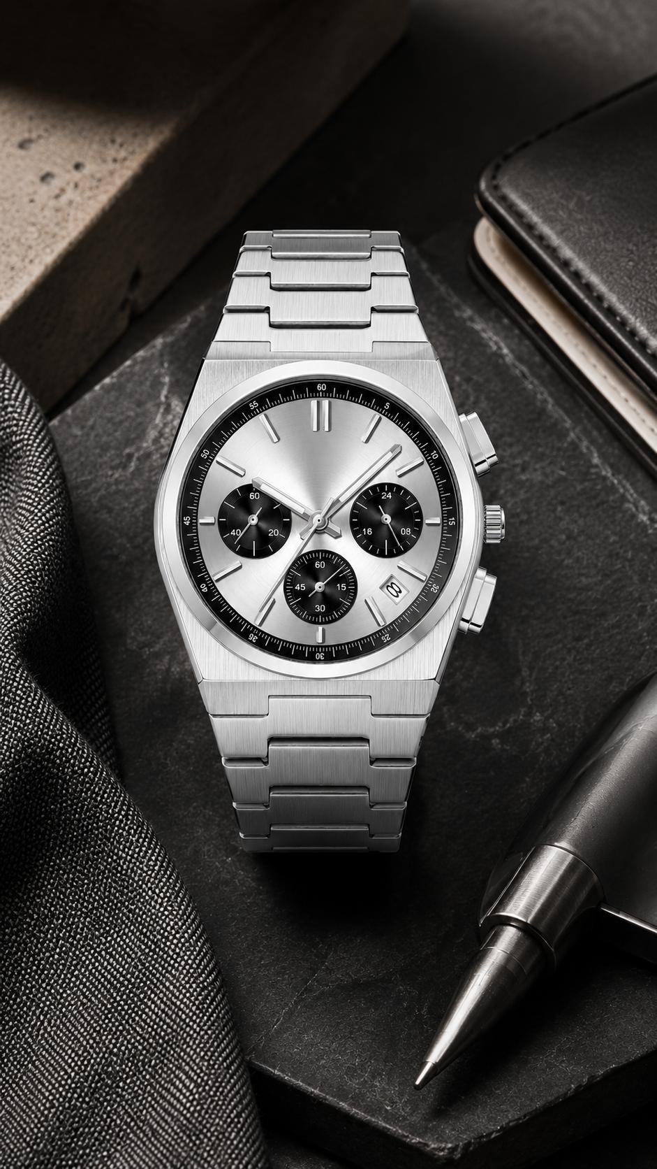 Men's Casual Business Analog Chronograph Watch, Classic Stainless Steel Metal Band, Quartz Movement, Analog Face, Round Shape, Mineral Glass, Calendar Date Display, 30M-50M Water Resistant, Clasp Closure, Daily Wear Fashion Accessory