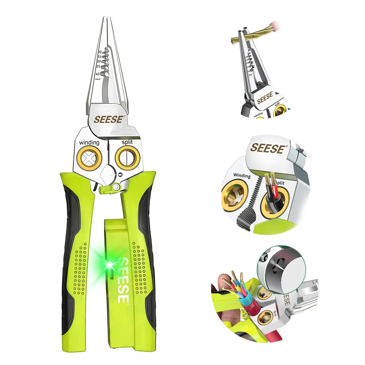 SEESE 8 in 1 Wire Stripper Twister for Cutting and Pulling Wires, Cable Scissors,Voltage Tester Pliers, 12V to 250V Live,Null,Hot Wire Judgment AC DC, Audible and Flashing LED Alarms
