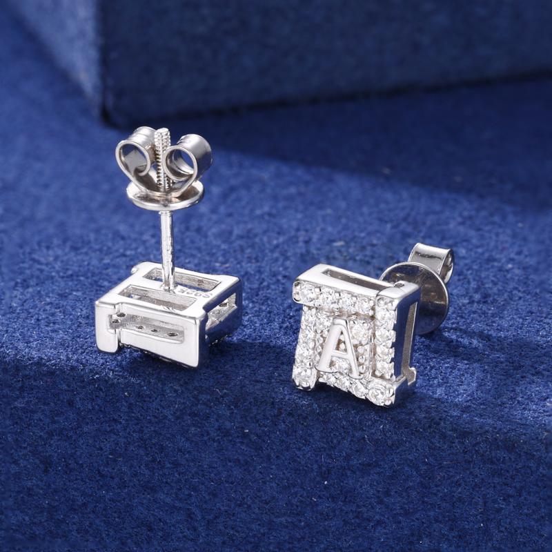 【#E592】Square letter Ice Out earrings UCCIYO Synthetic Moissanite Earrings For Women 925 Sterling Silver Stud Earring Men Hip Hop Jewelry Couple Gift