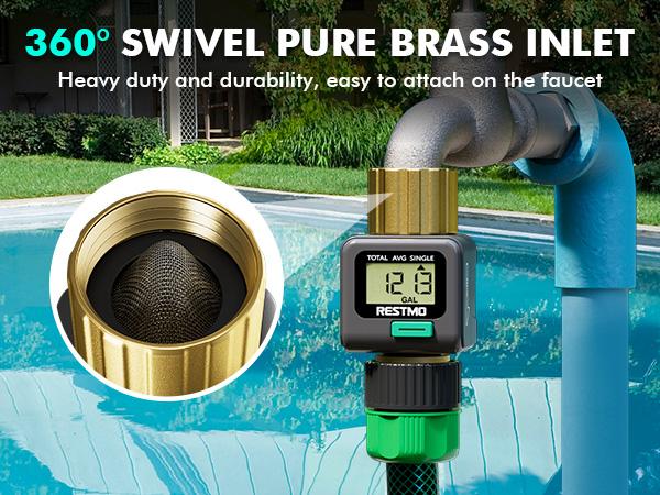 The RESTMO water flow meter measures water consumption (gallons/liter) and flow rate for RV water tank monitoring, lawn sprinklers, and nozzle sprinklers. It features brass inlet and outlet and measures water usage for outdoor garden hose watering.