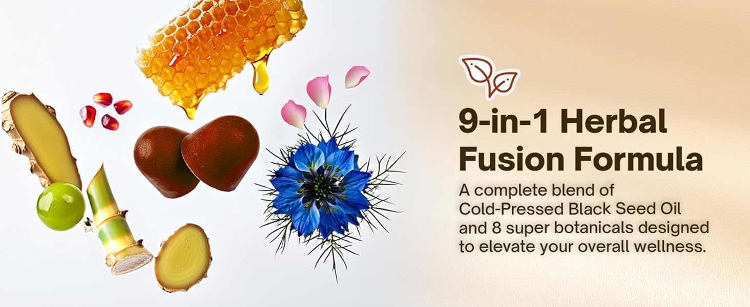 90 Black Seed Oil Gummies | 500mg Cold-Pressed Black Seed Oil, Amla, Bamboo, Fo-Ti, Nettle Leaf, Gotu Kola Extract | Vegan, Non-GMO Gummies | Hair, Skin & Nail Nourishment | Pomegranate Flavor