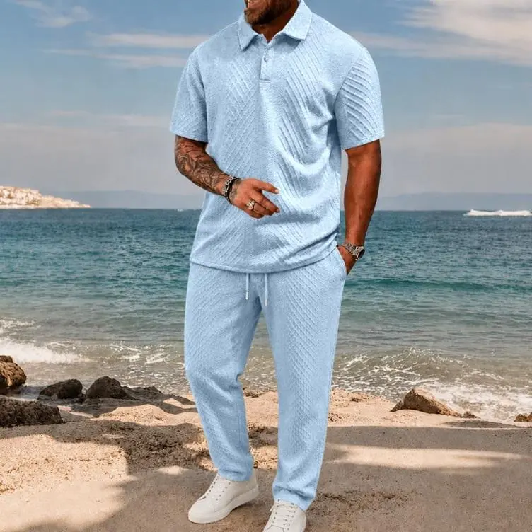 Trending Men’s Polo & Shorts Set, Jacquard Texture Summer Outfit, Lightweight Breathable Sport Set, Streetwear Matching Set