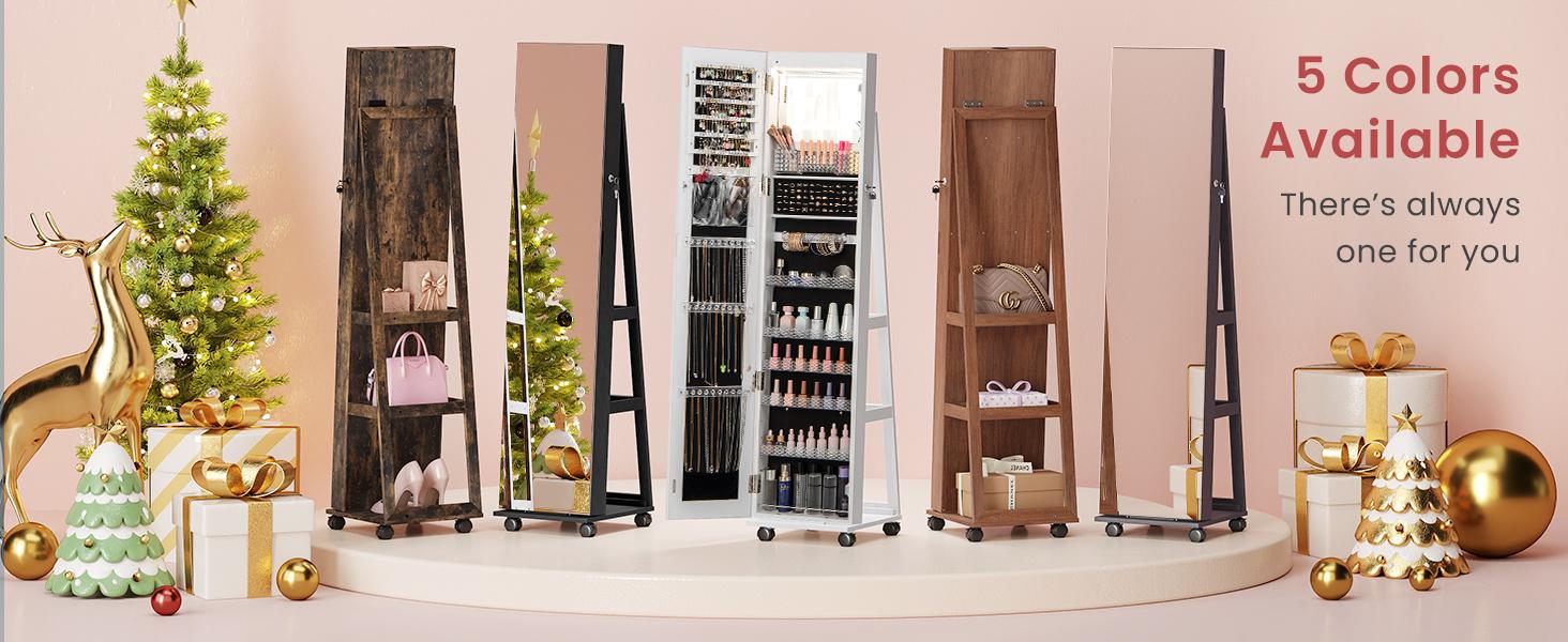 COSTWAY Jewelry Cabinet with Wheels, 64" H Full Length Mirror, 3-Color LED Lights, Height Adjustable Shelves, Lockable Standing Jewelry Organizer Armoire with Back Storage Shelves -costst