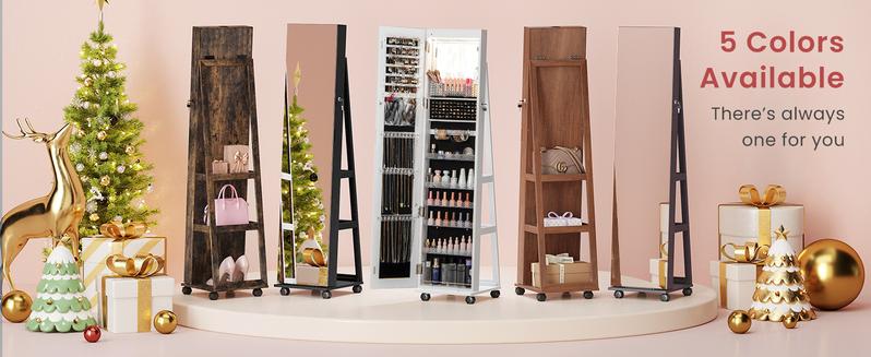 COSTWAY Jewelry Cabinet with Wheels, 64" H Full Length Mirror, 3-Color LED Lights, Height Adjustable Shelves, Lockable Standing Jewelry Organizer Armoire with Back Storage Shelves -costst