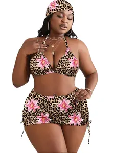 Boho Plus Size Halter Neck 4pcs/Set Multicolor Print High Waist Skirt Swimsuit Full Cup Bikini Top & Bottom for Summer Beach Vacation